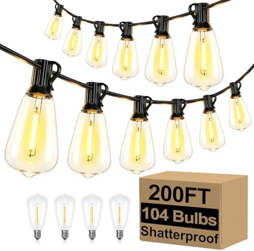 Brightever Outdoor String Lights 200FT Waterproof, Patio String Lights for Outside with 100+4 ST38 Shatterproof LED Filament Bulbs, Dimmable Hanging Lights for Christmas, Party, Cafe (2-Pack 100FT) by Brightever