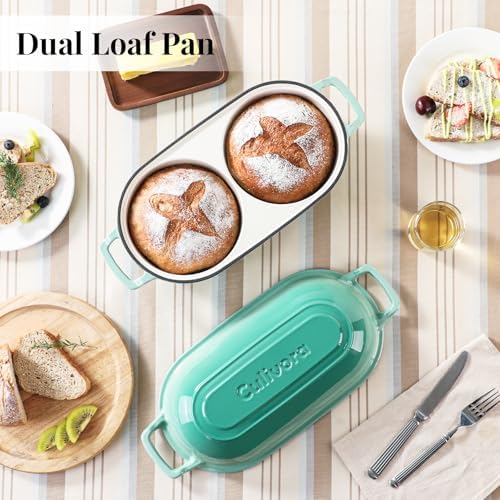 Cast Iron Bread Pan with Lid, Mini Enamel Sourdough Baking Dutch Oven Pot, Double Round Loaf Space for Homemade, Bread, Cake, Meatloaf, 16.5cm Diameter, 500°F Oven Safe, Non Stick, Green - Image 3