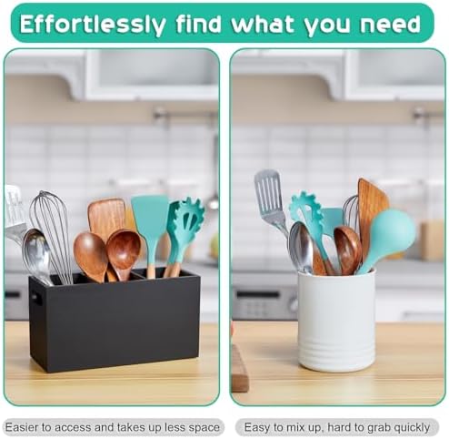 ALELION Black Kitchen Utensil Holder for Countertop - Wooden Large Utensil Caddy Organizer for Counter - 3 Compartment Cooking Utensil Crock for Silverware Spoon Spatula - Image 3