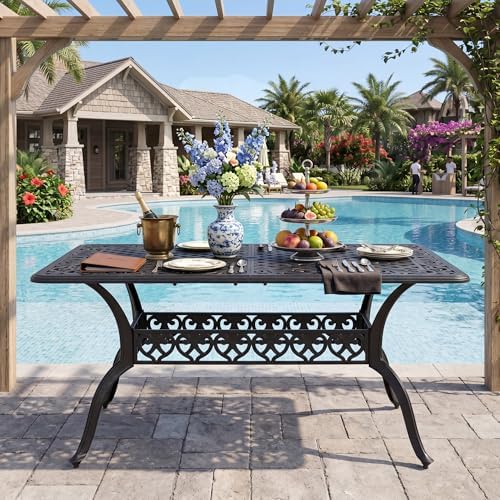 NUU GARDEN 60" Outdoor Dining Table with 2.09" Umbrella Hole, All Weather Cast Aluminum Outdoor Patio Table, 6-8 Person Rectangle Dining Table, Backyard Bistro Table for Garden, Poolside, Black - Image 3