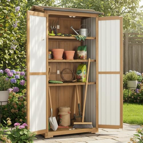 Storage Cabinet Outdoor Garage Cabinets with 3 Adjustable Shelves, Lockable Door, Wood & Metal Weather-Resistant Pantry Cabinet for Patio Garden Home Farm (33.3" Lx 21" Wx 69" H) - Image 2