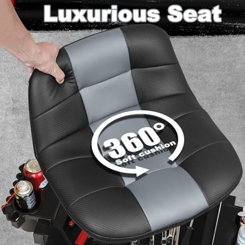 Rolling Stool with Wheels, Adjustable Height Pneumatic Garage Work Mechanic Stool Seat with Backrest, 400 LBS Capacity 360° Swivel Mechanic Crepper Chair with Tool Tray Storage, Gray - Image 3