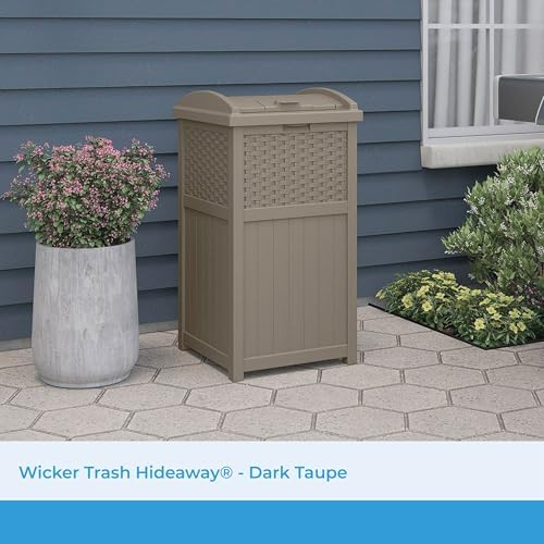 Suncast Wicker Resin Outdoor Hideaway Trash Can with Latching Lid for Use in Backyard, Deck, or Patio, Dark Taupe - Image 2