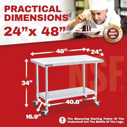 DuraSteel 24x48 NSF Stainless Steel Cart Work Table - Heavy Duty Rolling Food Prep Table Countertop Island - Metal Utility Cart on Wheels Caster, Grill Stand Storage Outdoor Kitchen Tables Bar Top - Image 3