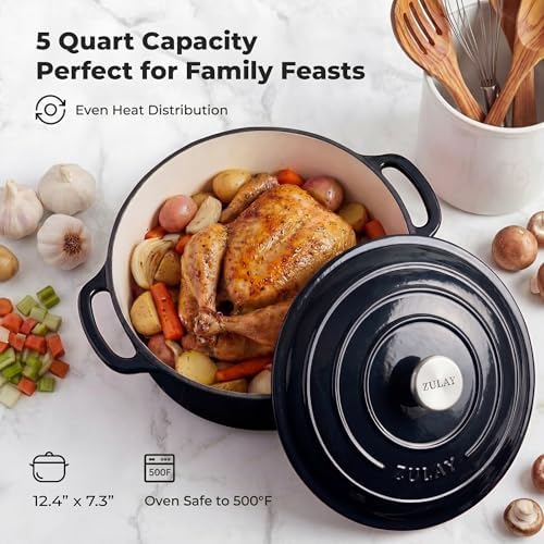 Zulay Kitchen 5 Quart Enameled Cast Iron Dutch Oven Pot with Lid – Premium Durability & Oven Safe up to 500°F – Heavy Duty Cookware Perfect for Bread Baking, Stews, Braising & Roasting – Black - Image 6