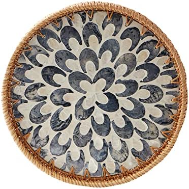 Round Rattan Tray with Mother of Pearl Inlay, Rattan Serving Tray with Wooden Base, Decorative Wicker Basket for Table Decor, Storage and Display of Coffee Bread Food Fruit (Plume) by Kmelep