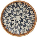 Round Rattan Tray with Mother of Pearl Inlay, Rattan Serving Tray with Wooden Base, Decorative Wicker Basket for Table Decor, Storage and Display of Coffee Bread Food Fruit (Plume 13.5") by Kmelep