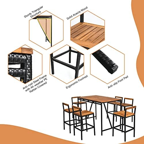 HAPPYGRILL 7 Piece Patio Bar Table Set with Umbrella Hole Acacia Wood High-Dining Bistro Set with 6 Bar Stools, PE Wicker Outdoor Bar Set for Backyard Patio and Poolside - Image 6
