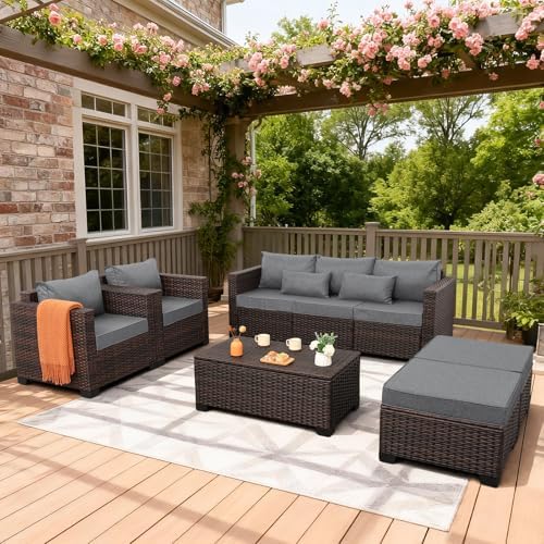 Oasishine Wicker Patio Furniture Set 6 Pieces Outdoor Furniture Chairs and Couch Storage Table Anti-Slip Cushions and Waterproof Covers, Dark Grey - Image 2