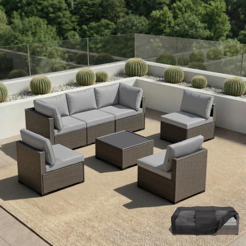 Patio Furniture Set - All-Weather - 7 Piece Patio Outdoor Conversation Set, Modular Wicker Rattan Sectional Sofa for Backyard, Garden, Poolside, Balcony, Porch, Patio, Brown/Light Gary by Unknown