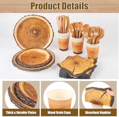 Kochorie 129 Pieces Rustic Wood Slice Paper Party Supplies Tableware Set - Image 3