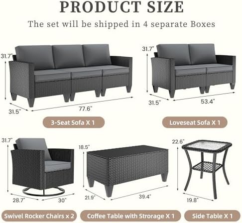 UDPATIO Patio Furniture Set, 6 Pieces Outdoor Furniture Sets with Rocking Swivel Chairs, Wicker Rattan Outdoor Conversation Set with Storage Table and Waterproof Covers for Backyard, Deck, Porch, Grey - Image 2