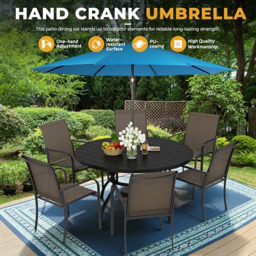 Incbruce 8 PCS Patio Dining Set with Sky Blue Umbrella, Outdoor Dining Set of 6 Textilene Chairs and 53" Round Table with Umbrella Hole for Backyard, Garden, and Poolside (Brown) - Image 6
