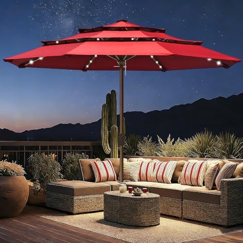 EliteShade USA 10-Year-Non-Fading 10ft 3-Tier Market Patio Umbrella, Commercial Table Umbrella with 80 Solar LED Lights, Crank Open, Windproof & UPF 50+ UV Protection for Garden, Deck, Pool, Backyard, No Tilt, Logo Red - Image 3