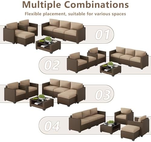 LOUVIXA 7 Piece Outdoor Patio Furniture Set, Rattan Chairs Glass Table Wicker Conversation Seating Sectional Sofa with Cushions (Brown-Camel, 7Pcs-2 Layer Coffee Table) - Image 3