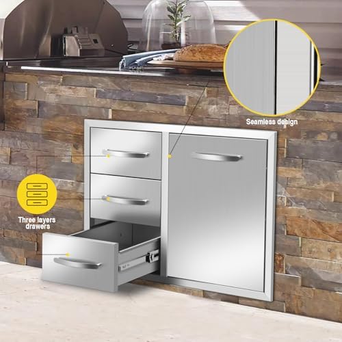 Outdoor Kitchen Drawer Combo BBQ Access Triple Drawers and Trash Drawer for BBQ Island Grill Station 28" W x 20.1" H x 19.7" D with Handles - Image 6