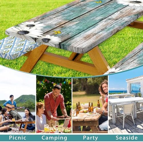 Daisy Flowers Picnic Table Cover with Bench Covers and Bag, Camping Essentials, Wooden Grain Waterproof Windproof, Fitted Tablecloth Cover with Elastic Edge, for Indoor & Outdoor, 3 PCS, 30x60 Inch - Image 4