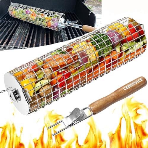 Rolling Grill Basket, SUS304 Stainless Steel, Removable Wooden Handle, Round Cylinder BBQ Grilling Basket, Outdoor Cooking Griller, Smoker Accessories for Vegetable, Gifts for Men Dad by CEBERVICE