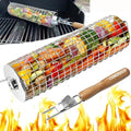 Rolling Grill Basket, SUS304 Stainless Steel, Removable Wooden Handle, Round Cylinder BBQ Grilling Basket, Outdoor Cooking Griller, Smoker Accessories for Vegetable, Gifts for Men Dad by CEBERVICE