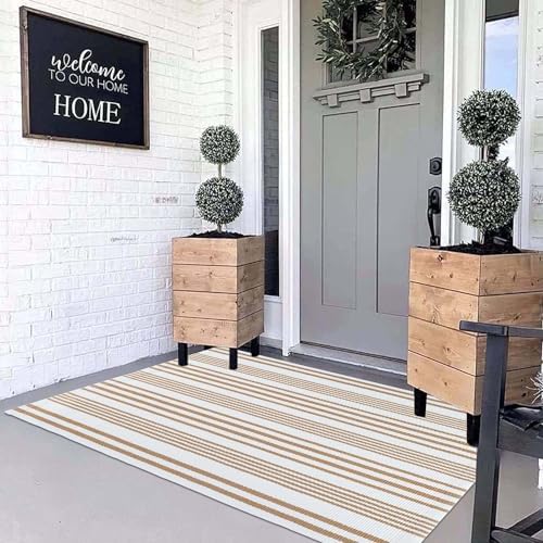 Fall 3'x 5'Outdoor Rug,Khaki White Striped Front Porch Mat Indoor Area Rug - Image 3
