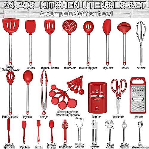 Kitchen Utensils Set- Umite Chef 34 PCs Cooking Utensils with Grater, Spoon Spatula, Heat Resistant Food Grade Silicone, Stainless Steel Handles Kitchen Gadgets Tools Set for Nonstick Cookware(Red) - Image 4