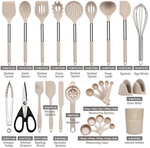 QMVESS Silicone Cooking Utensils Set, 28 Pcs Non-Stick Kitchen Utensils Set with Holder, 446°F Heat Resistant Spatula, Tongs, Spoons Set with Stainless Steel Handle Kitchen Gadgets (Khaki) - Image 3