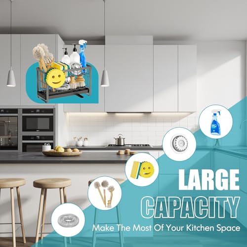 Sponge Holder for Kitchen Sink with Flexible Smiley Face, 2 Tier Kitchen Sink Organizer, Countertop and Storage Essentials, Soap Dispenser Organizer, Home Decor Accessories - Gray - Image 5