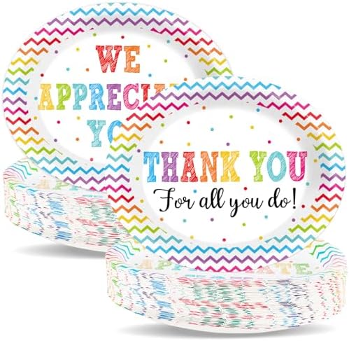 50 PCS Thank You Oval Paper Plates Large 11” Disposable We Appreciate You Party Decorations Volunteer Teacher Appreciation Supplies Favor Be Thankful to Teacher Grilling Gifts Party Tableware Set by Qyeahkj