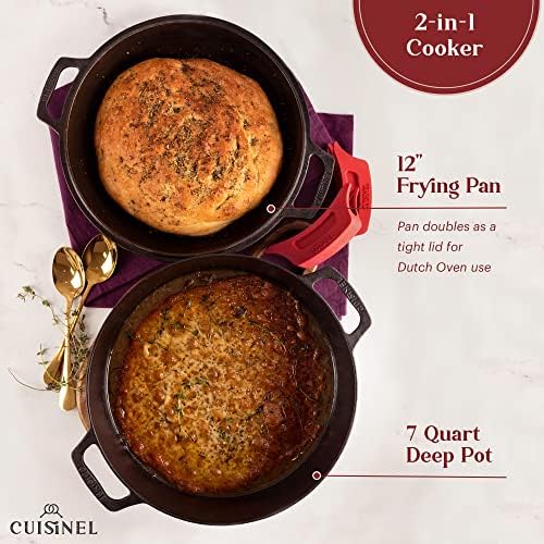 Cuisinel Cast Iron Dutch Oven 7-Qt Pre-Seasoned 2-in-1 Multi-Cooker with Lid that Doubles as a 12" Skillet, Silicone Handle Covers & Pan Scraper for Baking, Frying, Camping & Everyday Cooking - Image 5