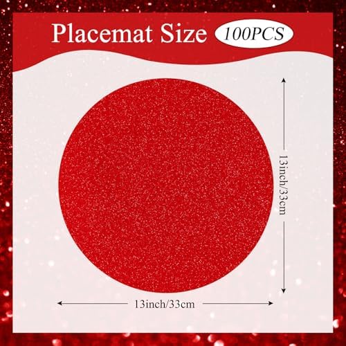 100 PCS Red Paper Placemats Round Place Mat Glitter Disposable Paper Charger Doilies Tablemats for Christmas Valentines Party Birthday Wedding Dinner Table Decor(13x13inch) - Image 2