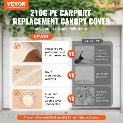 VEVOR Carport Replacement Canopy Cover 10 x 20 ft, Garage Top Tent Shelter Tarp Heavy-Duty Waterproof & UV Protected, Easy Installation with Ball Bungees,Beige (Only Top Cover, Frame Not Include) - Image 2