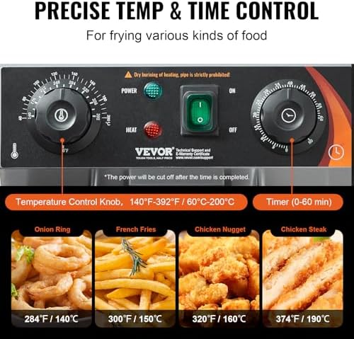 VEVOR Commercial Deep Fryer, 1500W Electric Countertop Fryer with Basket, 11.6Qt / 11L Stainless Steel Single Oil Fryer with Time & Temp Control, Overheat Protection, for Kitchen Restaurant Use - Image 4