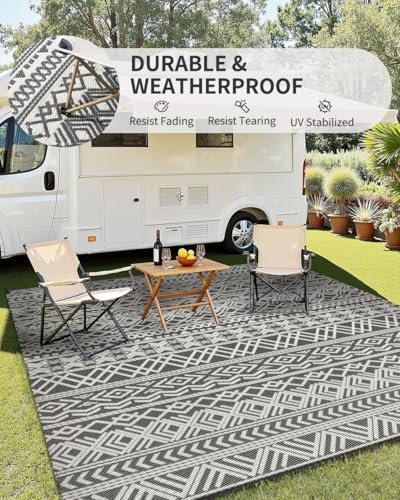 MontVoo Outdoor Rug Carpet Waterproof 9x18 Outdoor Patio Rug Mat Reverisble Plastic Straw Outdoor Rug for RV Camping Picnic Beach Balcony Boho Grey Large - Image 4