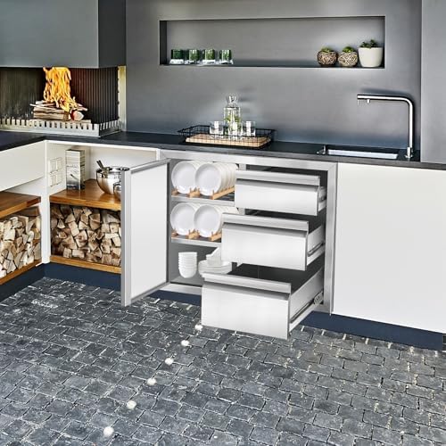 Outdoor Kitchen Drawer Combo Cabinet Stainless Steel Triple Drawers & Access Door, 28" W x 22" H x 19.5" D, Multi-Layer Design with Partition, Perfect for BBQ Grill Station - Image 2