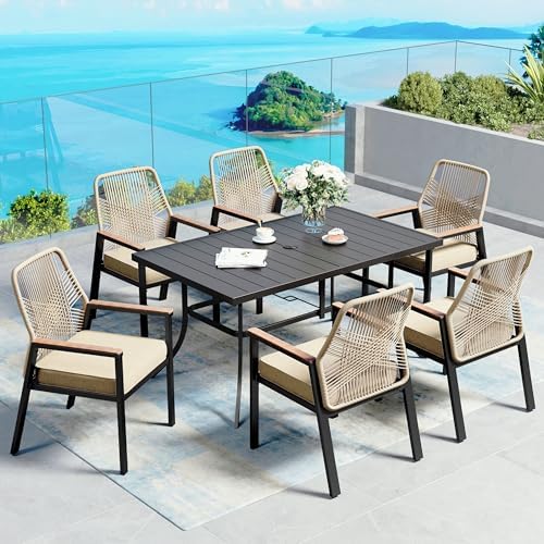 SUNSHINE VALLEY 7pc Patio Dining Set, 59" Metal Table & 6 Rattan Chairs by SUNSHINEVALLEY