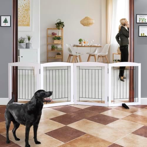 ZJSF Freestanding Dog Fence Indoor, Foldable Dog Gate for Doorways, Stairs or Hallways, Sturdy Wood Extra Wide Pet Gate with Support Feet for The House, White, 24 "Height-4 Panels by ZJSF