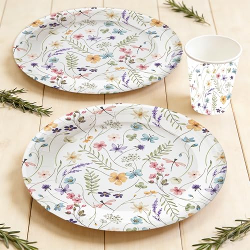 100Pcs Wildflower Party Supplies Spring Floral Wedding Birthday Decoration Include Wildflower Plates Napkins and Cups for Spring Summer Picnic Wedding Baby Shower Tea Party Decor,Serve 25 (White) - Image 3