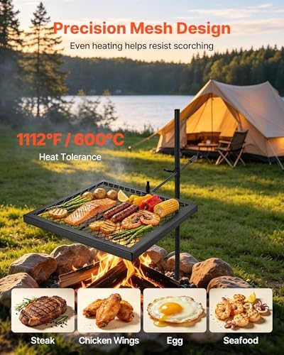 VEVOR Heavy Duty Swivel Campfire Grill, 16" Portable Camping Grill Grate, Sturdy Steel BBQ Mesh, 360° Height Adjustable Over Fire Pit Equipment with Carrying Bag, for Outdoor Open Flame Cooking - Image 4