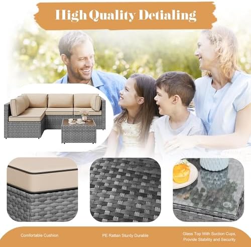JAMFLY 5-Piece All-Season Wicker Patio Sofa Set with Thick Cushions & Coffee Table, Modular Indoor Outdoor Furniture for Poolside, Garden, Sunroom & Porch, Khaki - Image 6