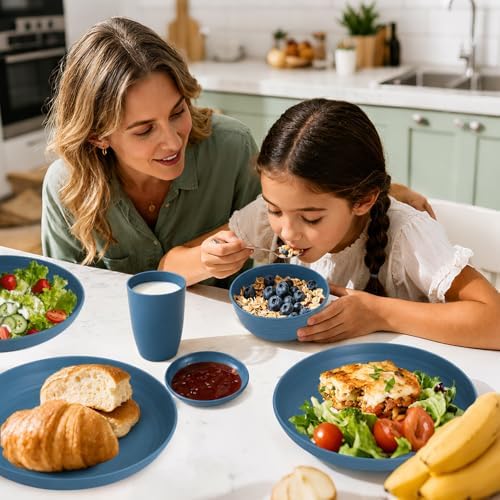16 PCS Wheat Straw Plates and Bowls Sets,Kids Dishes Dinnerware Sets for 4,Unbreakable Kitchen Plates and Bowls Set for Travel Dishwasher & Microwave Safe Lightweight Dishes Set - DeepBlue - Image 2