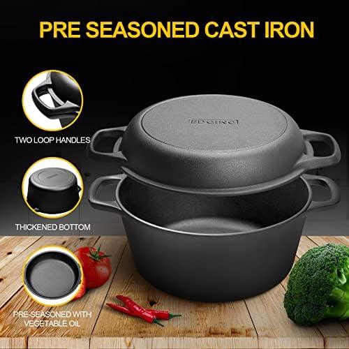 EDGING CASTING 2-in-1 Pre-Seasoned Cast Iron Dutch Oven Pot with Skillet Lid Cooking Pan, Cast Iron Skillet Cookware Pan Set with Dual Handles, Indoor Outdoor for Bread/Frying/Baking/Camping/BBQ, 5 Qt - Image 5