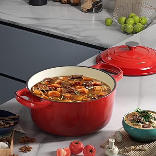 Miereirl 6 Quart Enameled Dutch Oven Pot with Lid, Cast Iron Dutch Oven with Dual Handles for Bread Baking, Cooking, Non-stick Enamel Coated Cookware (Red) - Image 6