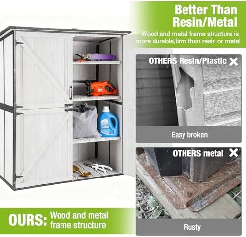 GUTINNEEN Outdoor Storage Cabinet Durable Metal Frame and Solid Wood Vertical Tool Shed with 3 Adjustable Height Shelves and Bottom Floor for Patio, Garden, Backyard, 55" L x 29" W x 67" H - Image 5