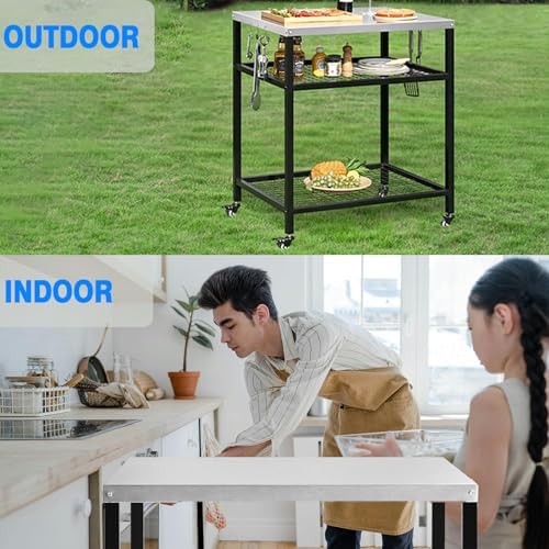 Stainless Steel Outdoor Grill Cart Pizza Oven Stand Trolley Table with Wheels Three-Shelf Movable Food Prep and Work Table Heavy Duty Grill Carts Outdoor Cart 31.5"×24"×35.5" - Image 4