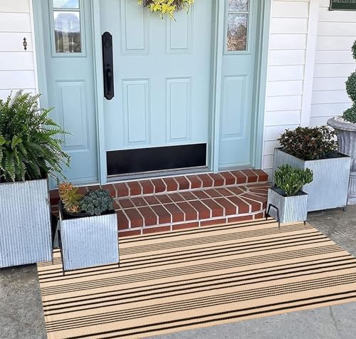 Fall Striped Outdoor Rug 2'x4.3' Black and Tan Layered Front Porch Rug - Image 6