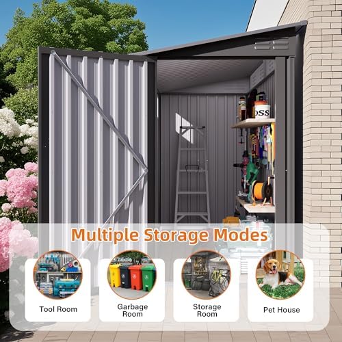 YOPTO 4x9 FT Outdoor Storage Shed,Lean to Metal Shed W/Window,All Weather Waterproof Garden Storage Shed W/ 6 Air Vents & 1 Lockable Door,Weatherproof Tool House W/Sloped Roof,for Lawn,Gray - Image 6