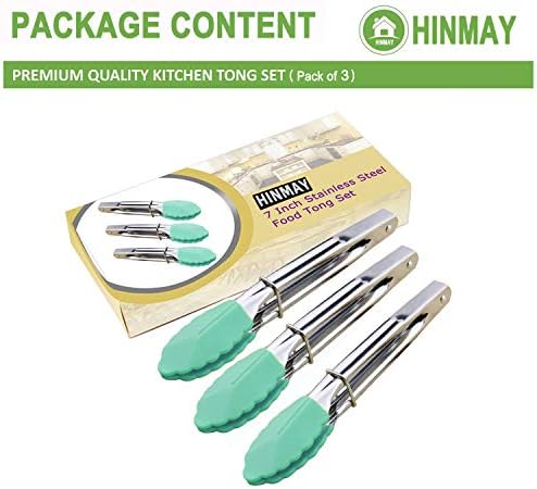 HINMAY 7" Stainless Steel Food Tongs with Silicone Tips, Set of 3 (Mint) - Image 2