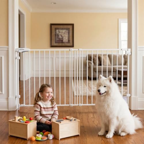 Mumeasy 30" Tall Baby Gate for Stairs, 36.2-55.1" Expandable Hardware Mounted (Drill Needed), Removable No Bottom Bar Dog Gate, Auto Close Wide Walk Thru Safety Gate for Doorways, Pets& Toddlers,White by Mumeasy-FocusonBabyPetSafetyGate