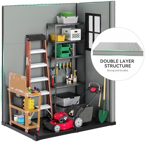 DWVO 5x3FT Outdoor Storage Shed with Fence-Style and Side Windows, Floor, Lockable Doors, Plastic Storage for Backyard and Garden, Blue-Gray - Image 7