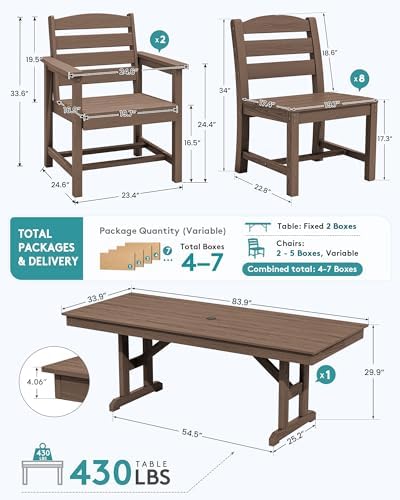 SERWALL 9Pcs HDPE Outdoor Dining Set w/6 Armless, 2 Armchairs for 8,Brown - Image 2